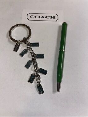 Coach Silver-Tone Keyring with Dark Green Enamel Tags and Green Coach Pen